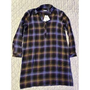 J Jill Womens Plaid Shirt Dress Small Purple Black Brown Rayon Long Sleeve NWT